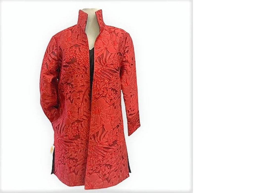 Grace Chuang Red long jacket with flowers, gold outline pattern