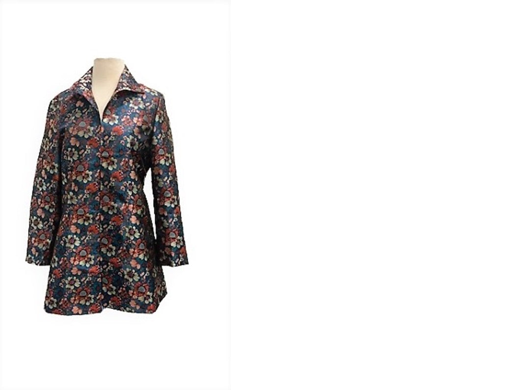 Grace Chuang deep blue long jacket with burg, cream and pink metallic flower
