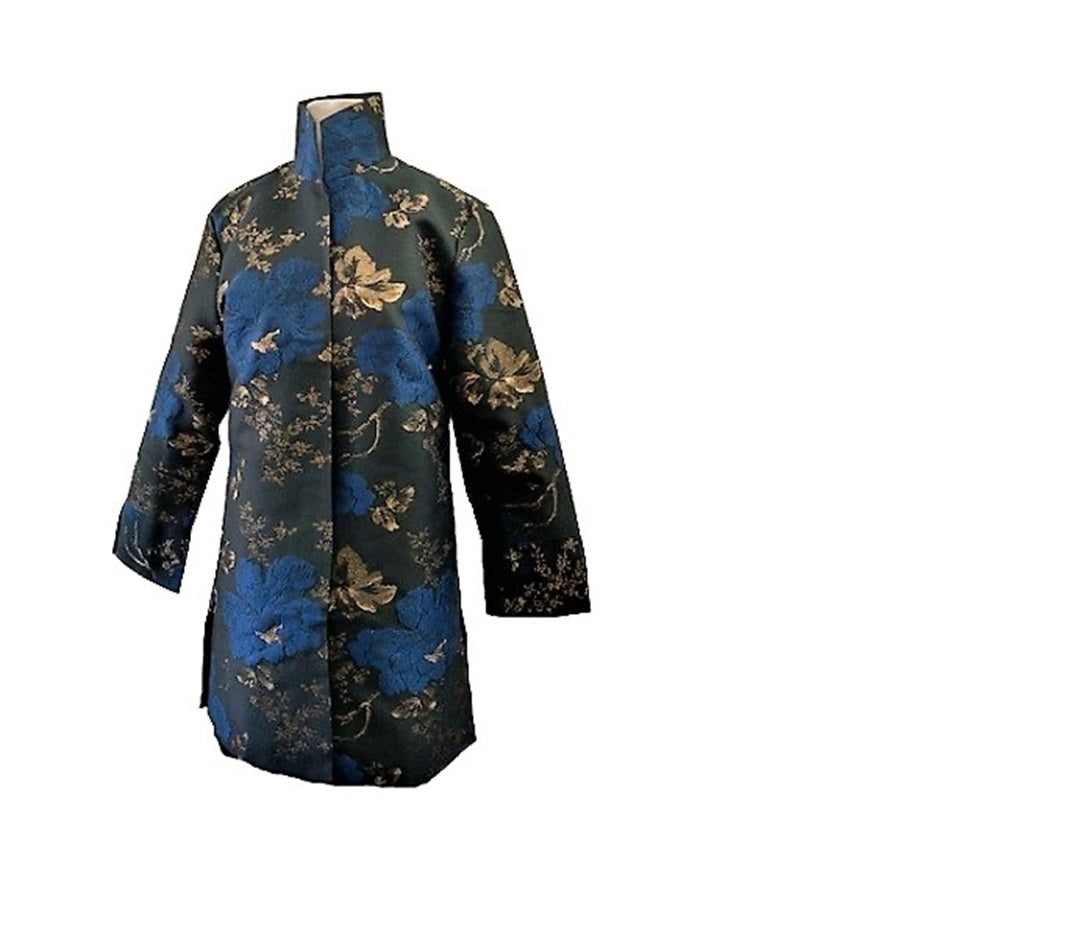 Grace Chuang dark blue long coat with bronze gold and black carnation flower print