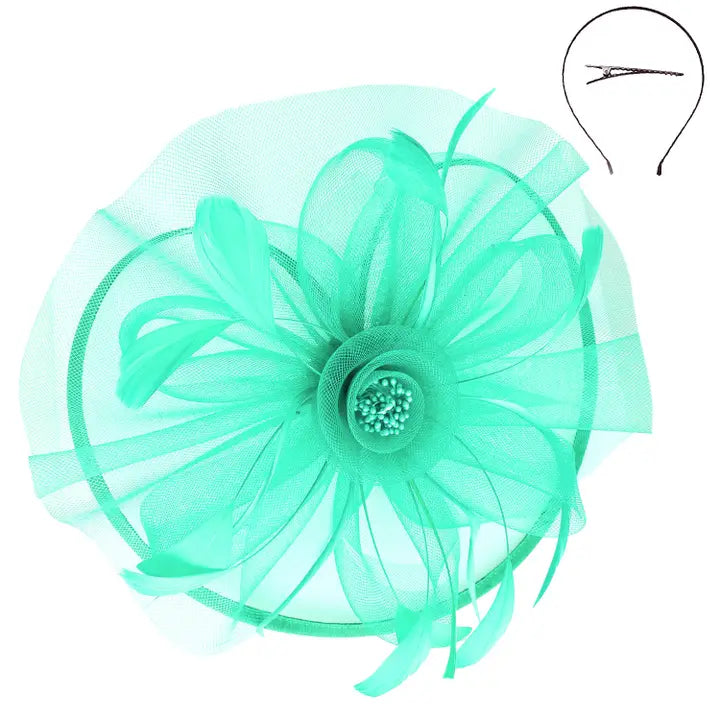 Sophia Collection-Teal Floral Organza Mesh Ribbon Fascinator