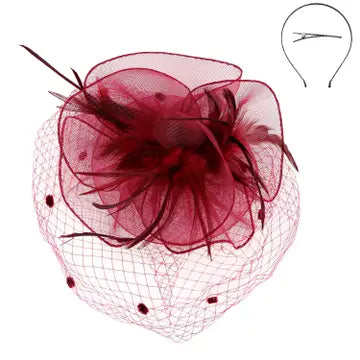 Sophia Collection-Burgundy Large Floral Mesh & Dotted Veil w/ Feathers Fasinator