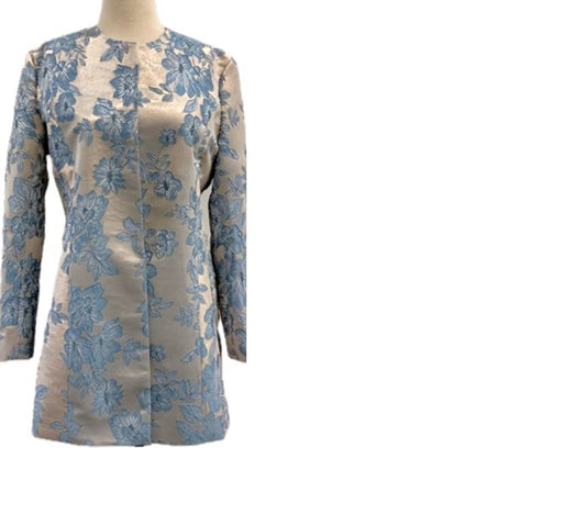 Grace Chuang pewter long coat with round neckline, light blue flower print